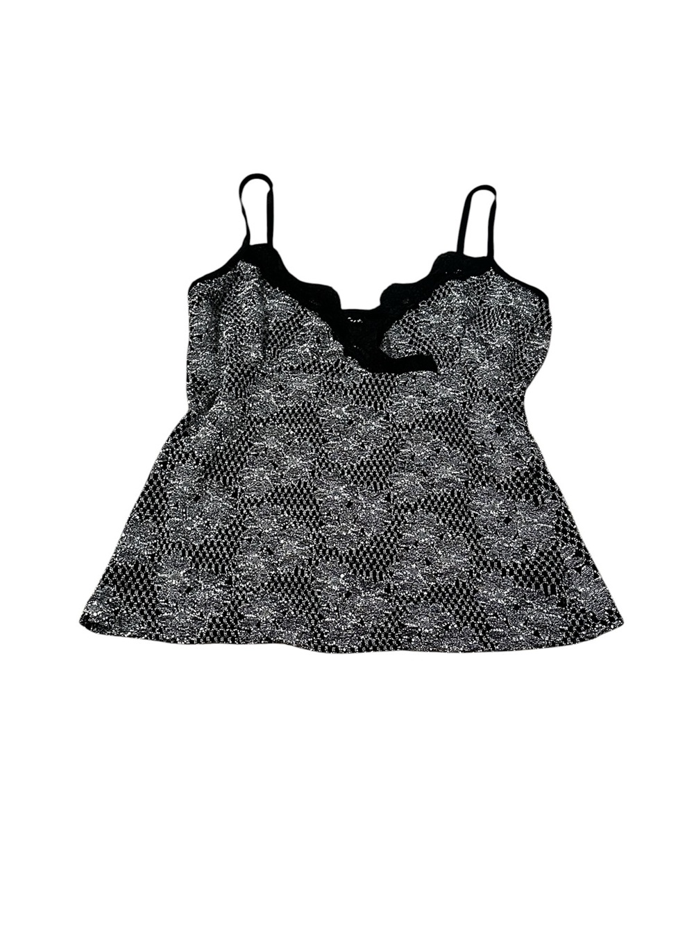 Vintage Black & White Mesh Floral Cami Top Lace Trim Y2K Whimsygoth Fairy Grunge
